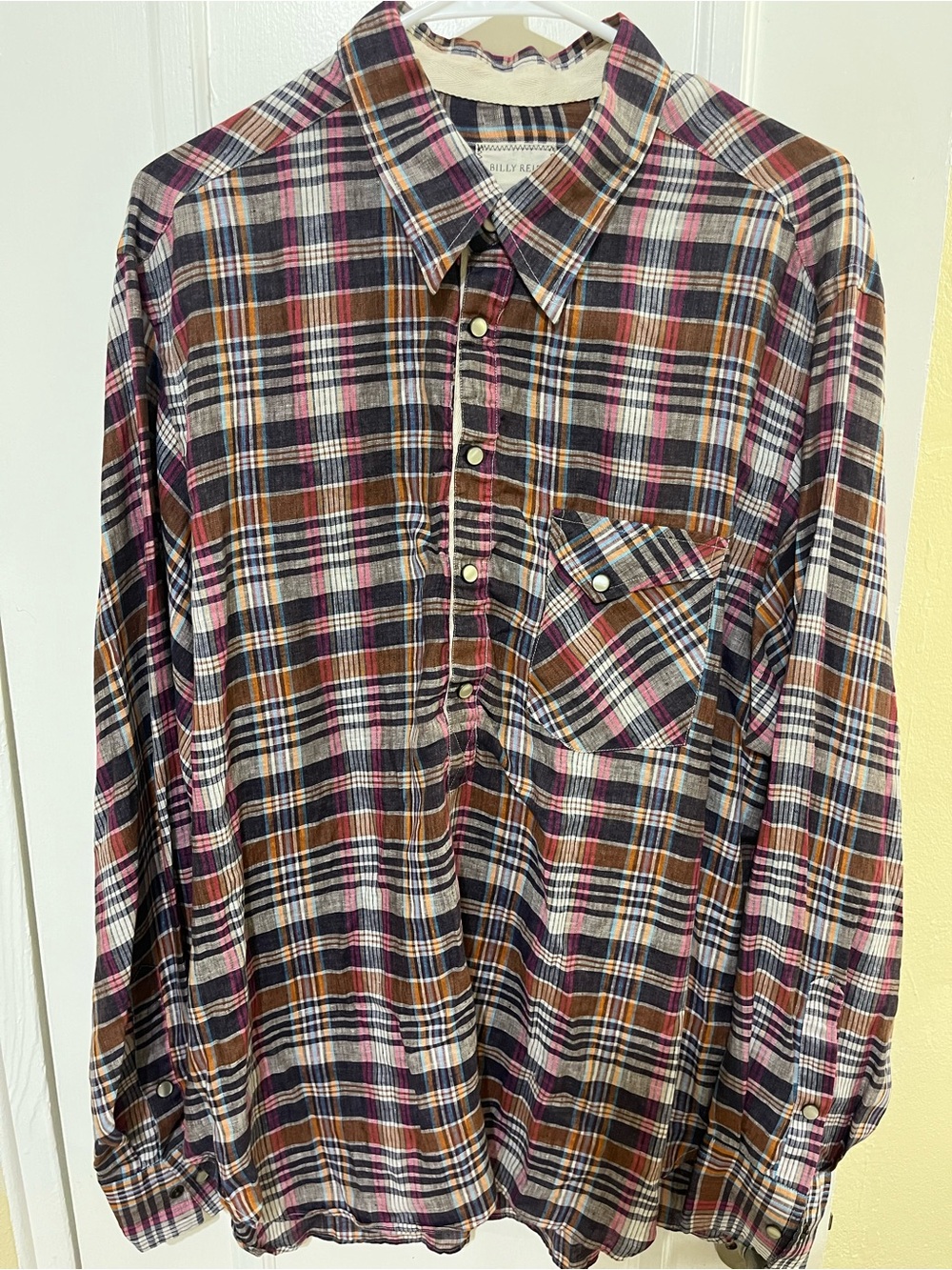 Billy Reid madras tunic pearl snap long sleeve